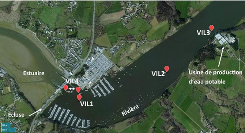 Emplacement des sondes SMD sur la Vilaine pour le suivi des remontées d'eau salée